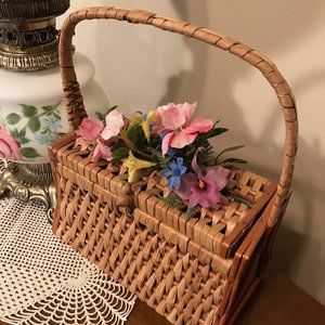 Vintage Basket Purse with Floral Decorated Lid